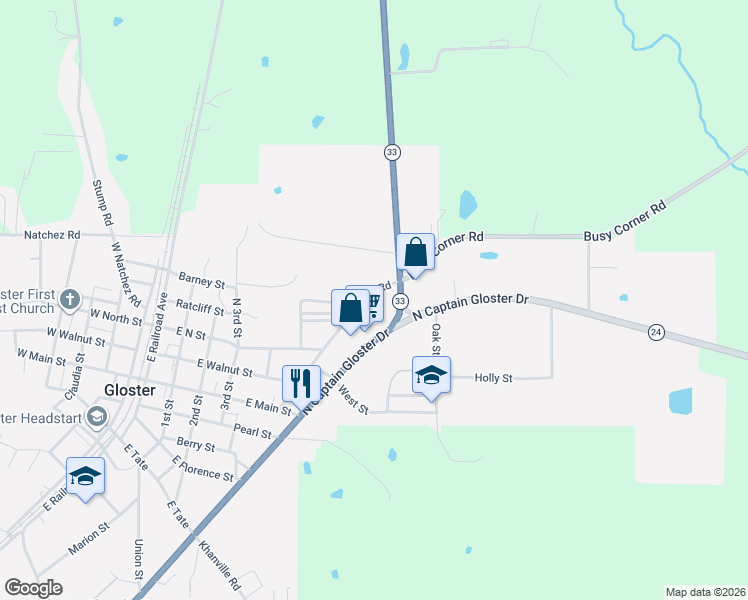 map of restaurants, bars, coffee shops, grocery stores, and more near 544 N Liberty Road in Gloster