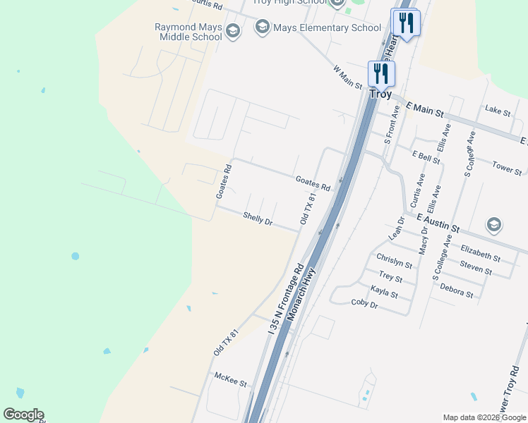 map of restaurants, bars, coffee shops, grocery stores, and more near 401 Shelly Drive in Troy