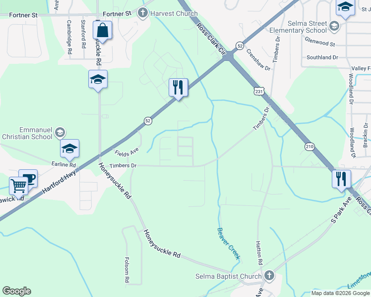 map of restaurants, bars, coffee shops, grocery stores, and more near 319 Gwinnett Place in Dothan