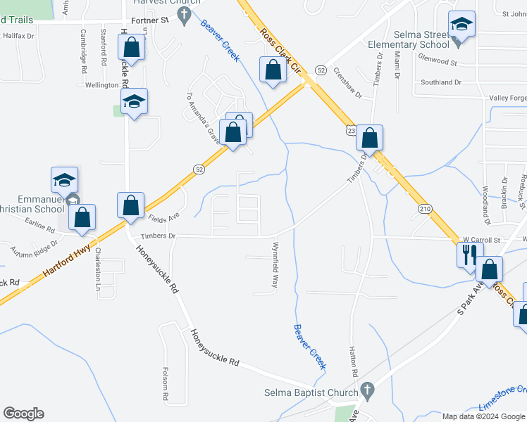 map of restaurants, bars, coffee shops, grocery stores, and more near 206 Gwinnett Place in Dothan