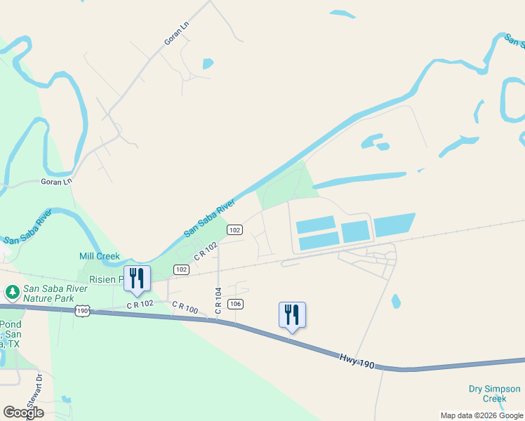 map of restaurants, bars, coffee shops, grocery stores, and more near C R 102 in San Saba