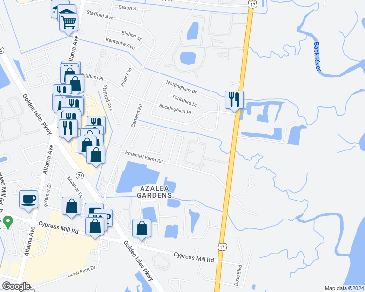 map of restaurants, bars, coffee shops, grocery stores, and more near 128 Leeswood Circle in Brunswick