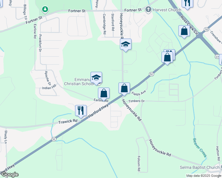 map of restaurants, bars, coffee shops, grocery stores, and more near 1910 Honeysuckle Road in Dothan