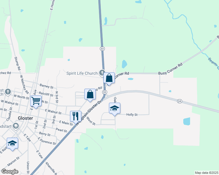map of restaurants, bars, coffee shops, grocery stores, and more near 650 Mississippi 33 in Gloster