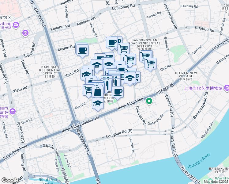 map of restaurants, bars, coffee shops, grocery stores, and more near 550 Ju Men Lu in Shanghai