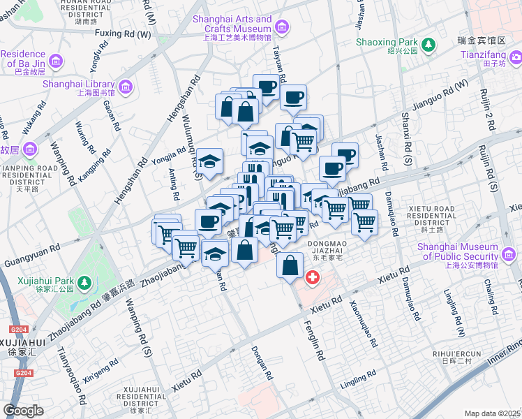map of restaurants, bars, coffee shops, grocery stores, and more near 197号 Yueyang Road in Shanghai