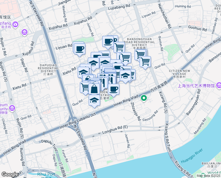 map of restaurants, bars, coffee shops, grocery stores, and more near 550 Ju Men Lu in Shanghai