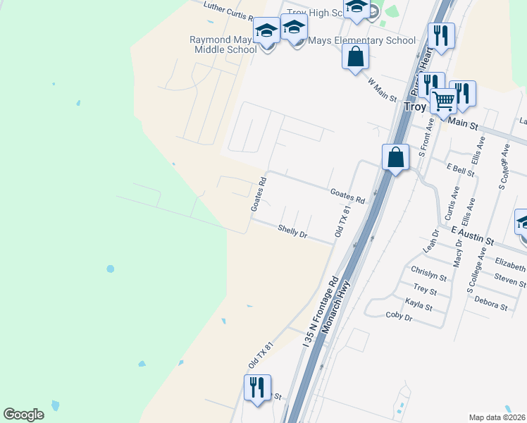 map of restaurants, bars, coffee shops, grocery stores, and more near 819 Goates Road in Troy