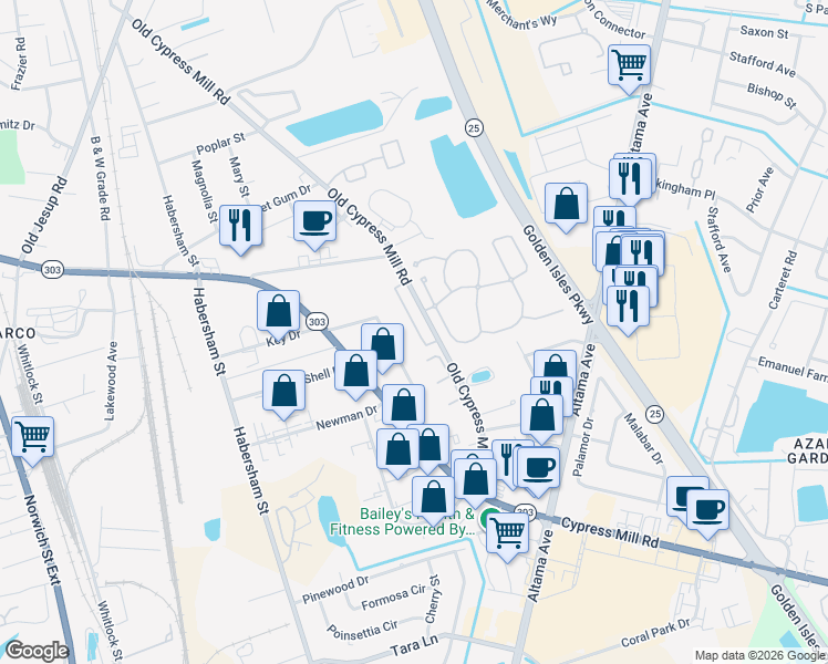 map of restaurants, bars, coffee shops, grocery stores, and more near 116 Winter Chase Lane in Brunswick