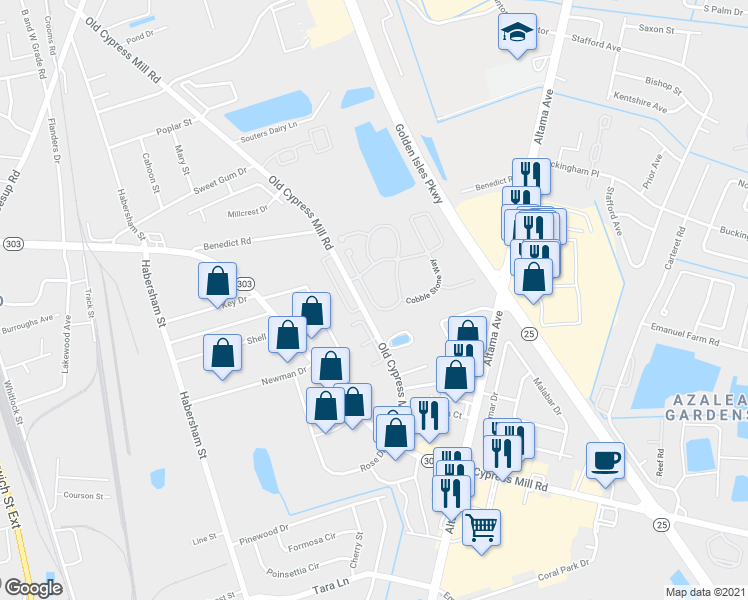 map of restaurants, bars, coffee shops, grocery stores, and more near 315 Stone Mill Drive in Brunswick