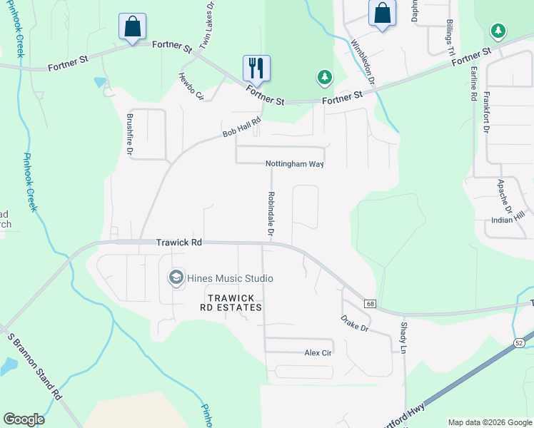map of restaurants, bars, coffee shops, grocery stores, and more near 2622 Robindale Drive in Dothan