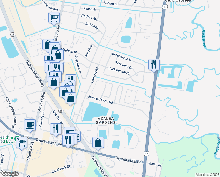 map of restaurants, bars, coffee shops, grocery stores, and more near 140 Camelot Court in Brunswick