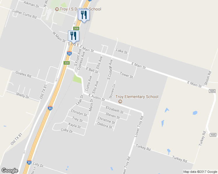 map of restaurants, bars, coffee shops, grocery stores, and more near 401 South College Avenue in Troy