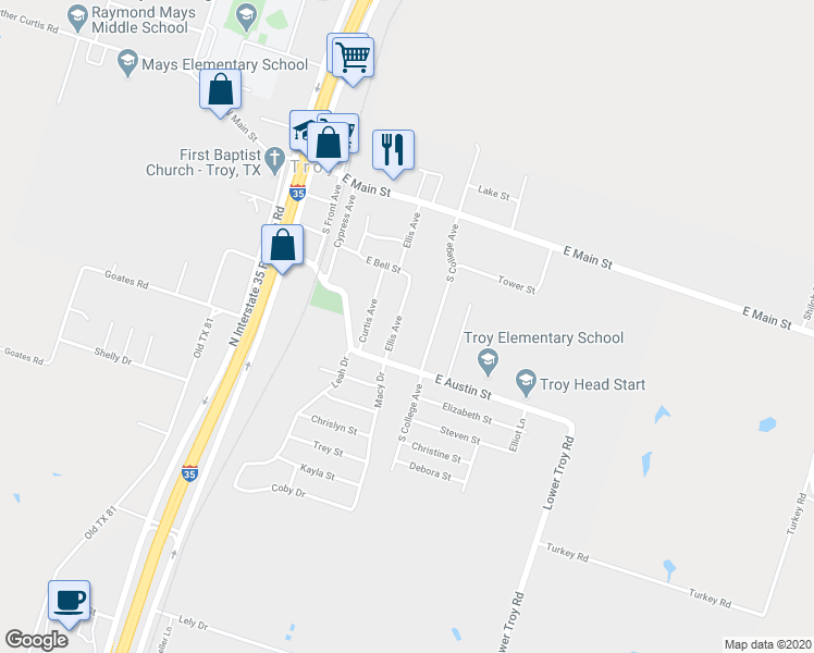 map of restaurants, bars, coffee shops, grocery stores, and more near 415 Ellis Avenue in Troy