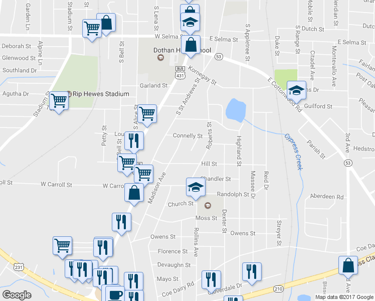 map of restaurants, bars, coffee shops, grocery stores, and more near 308 Jerome Court in Dothan