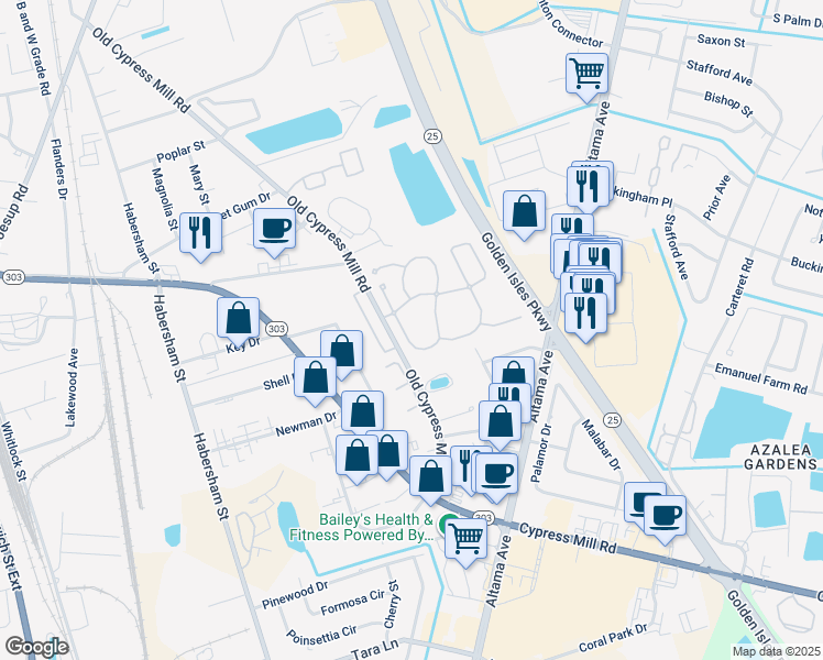 map of restaurants, bars, coffee shops, grocery stores, and more near 315 Stone Mill Drive in Brunswick