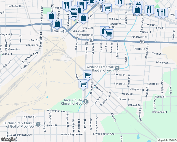 map of restaurants, bars, coffee shops, grocery stores, and more near 304 Chandler Street in Waycross