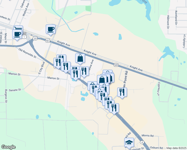 map of restaurants, bars, coffee shops, grocery stores, and more near 127 Havanna Avenue in Waycross