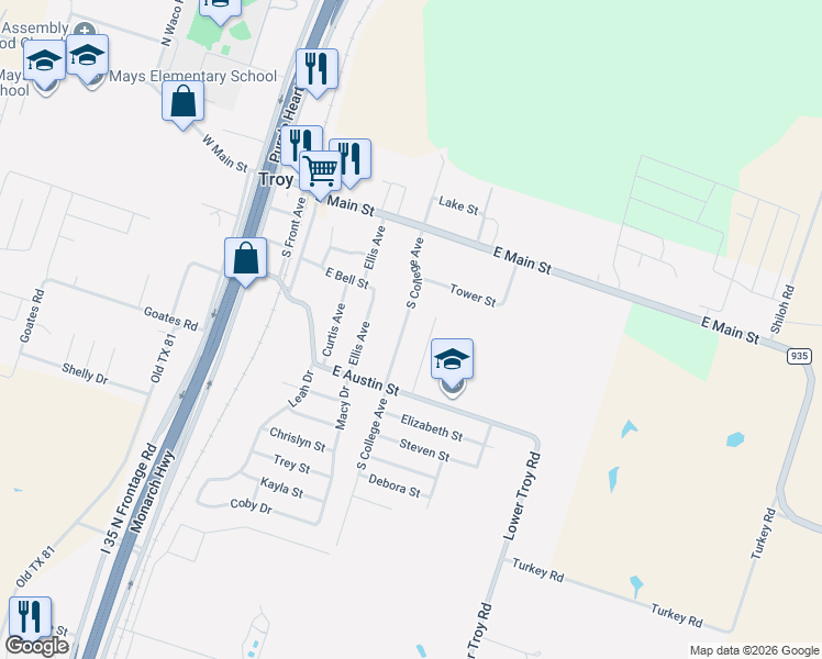 map of restaurants, bars, coffee shops, grocery stores, and more near 401 South College Avenue in Troy
