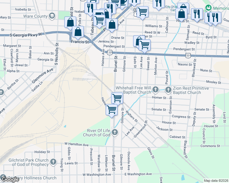 map of restaurants, bars, coffee shops, grocery stores, and more near 304 Chandler Street in Waycross