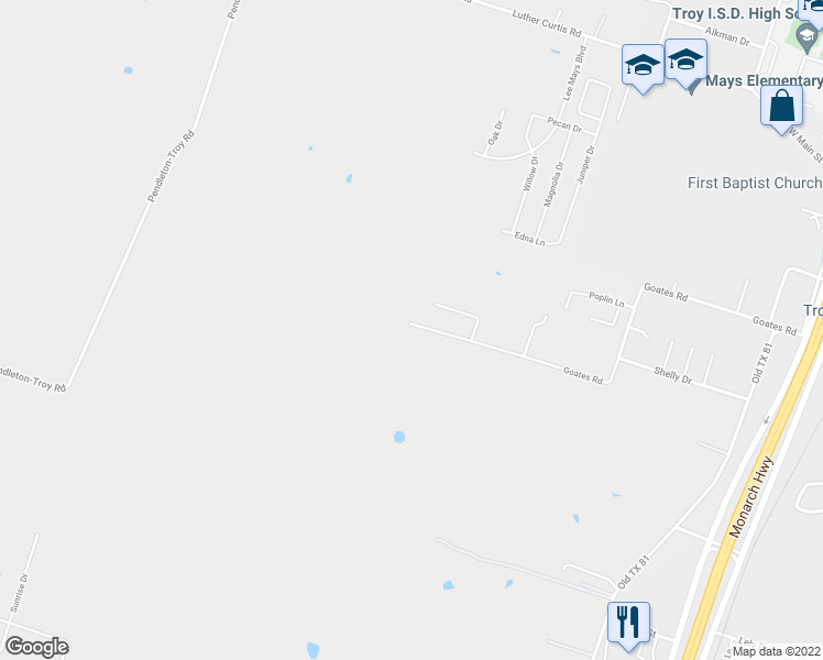 map of restaurants, bars, coffee shops, grocery stores, and more near 1679 Goates Road in Troy