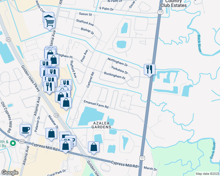 map of restaurants, bars, coffee shops, grocery stores, and more near 140 Camelot Court in Brunswick