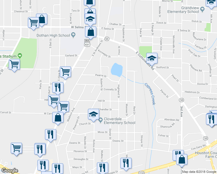 map of restaurants, bars, coffee shops, grocery stores, and more near 409 Connelly Street in Dothan