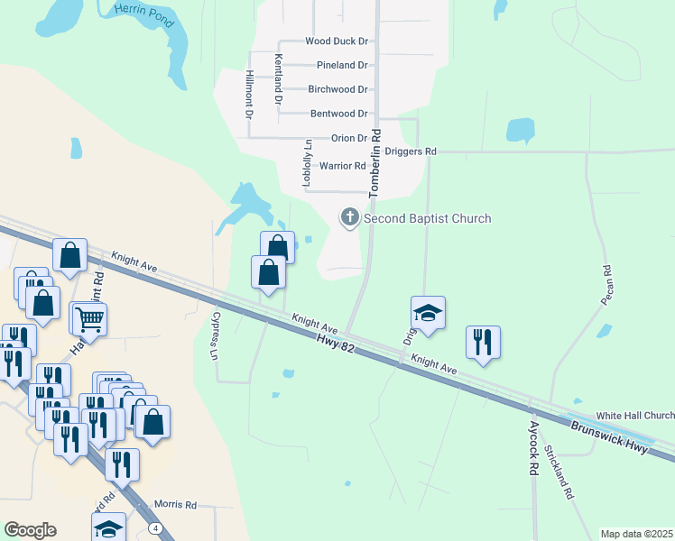 map of restaurants, bars, coffee shops, grocery stores, and more near 3110 Bethany Lane in Waycross