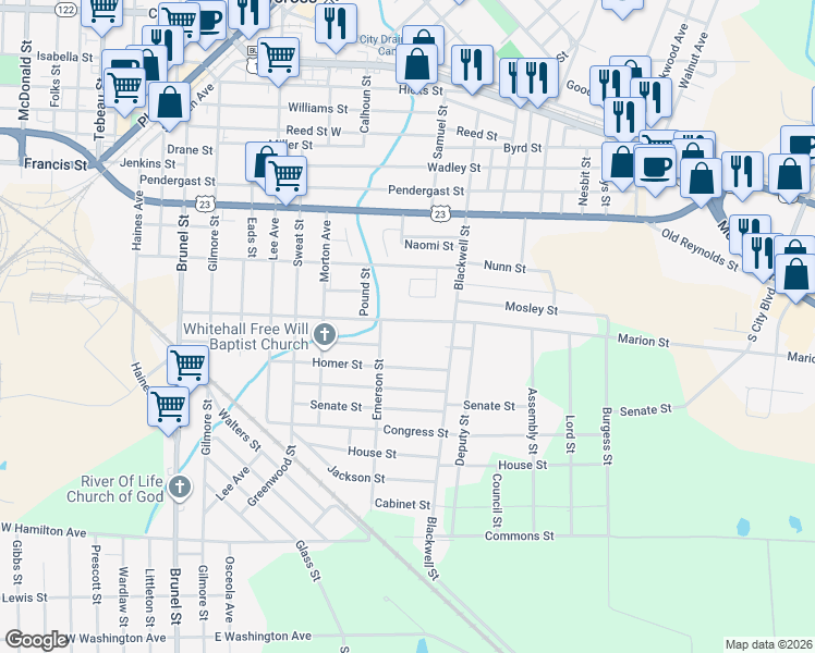 map of restaurants, bars, coffee shops, grocery stores, and more near 913 Marion Street in Waycross
