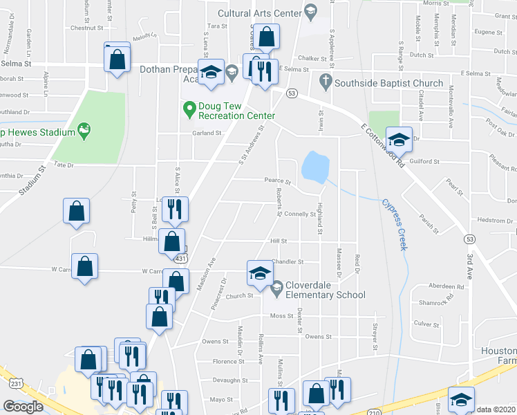 map of restaurants, bars, coffee shops, grocery stores, and more near 300 Jerome Court in Dothan
