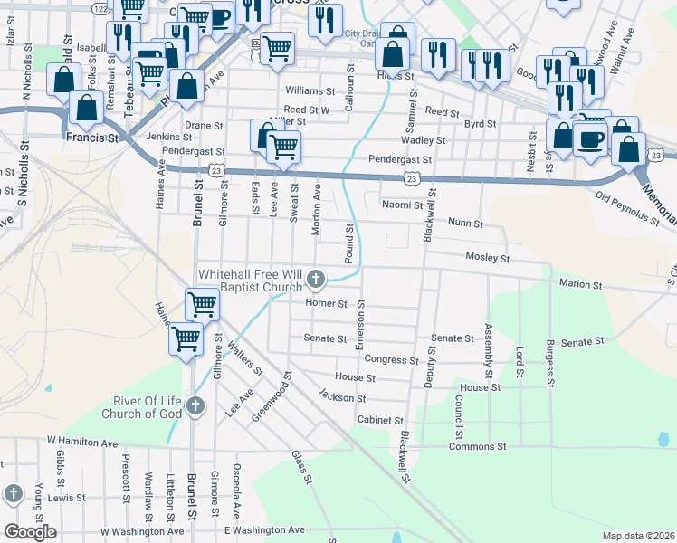 map of restaurants, bars, coffee shops, grocery stores, and more near 715 Marion Street in Waycross