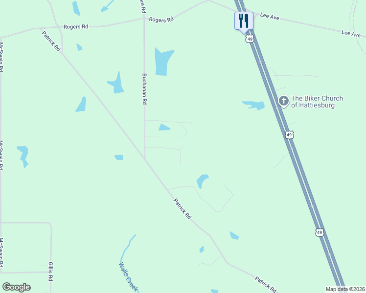 map of restaurants, bars, coffee shops, grocery stores, and more near 302 Patrick Road in Hattiesburg