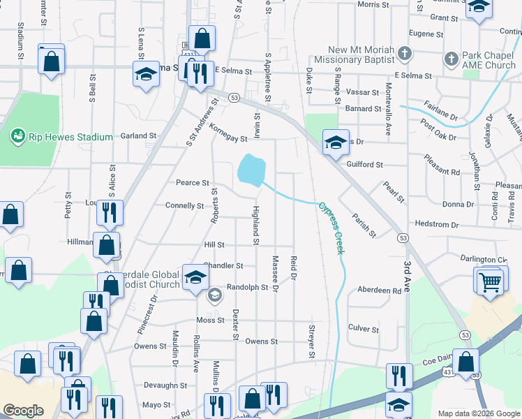 map of restaurants, bars, coffee shops, grocery stores, and more near 201 Highland Street in Dothan