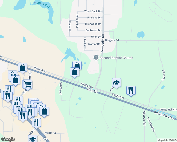 map of restaurants, bars, coffee shops, grocery stores, and more near 3110 Bethany Lane in Waycross