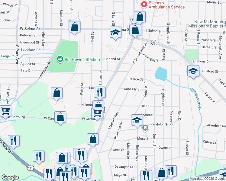 map of restaurants, bars, coffee shops, grocery stores, and more near 1583 S Oates St in Dothan