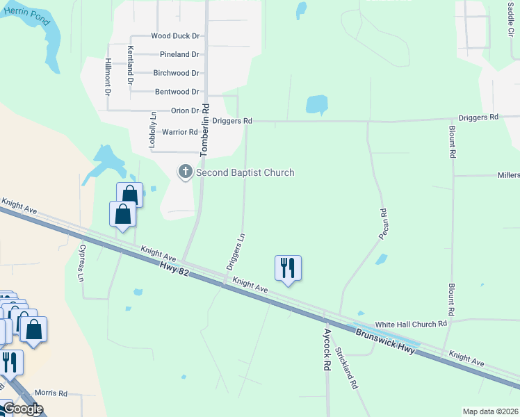 map of restaurants, bars, coffee shops, grocery stores, and more near 300-434 Driggers Lane in Waycross