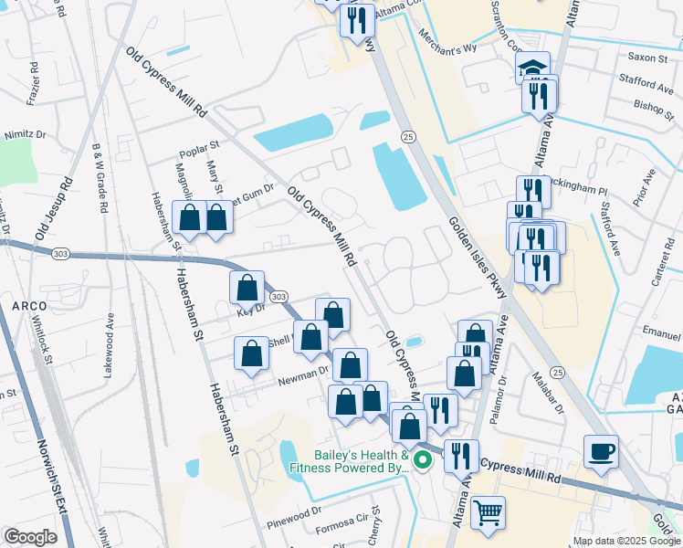 map of restaurants, bars, coffee shops, grocery stores, and more near 155 Winter Chase Lane in Brunswick