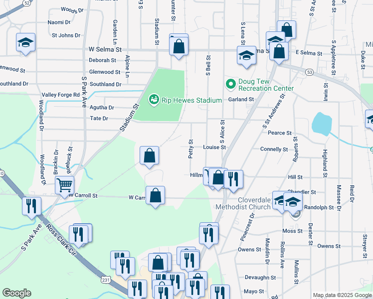 map of restaurants, bars, coffee shops, grocery stores, and more near 1216 Petty Street in Dothan