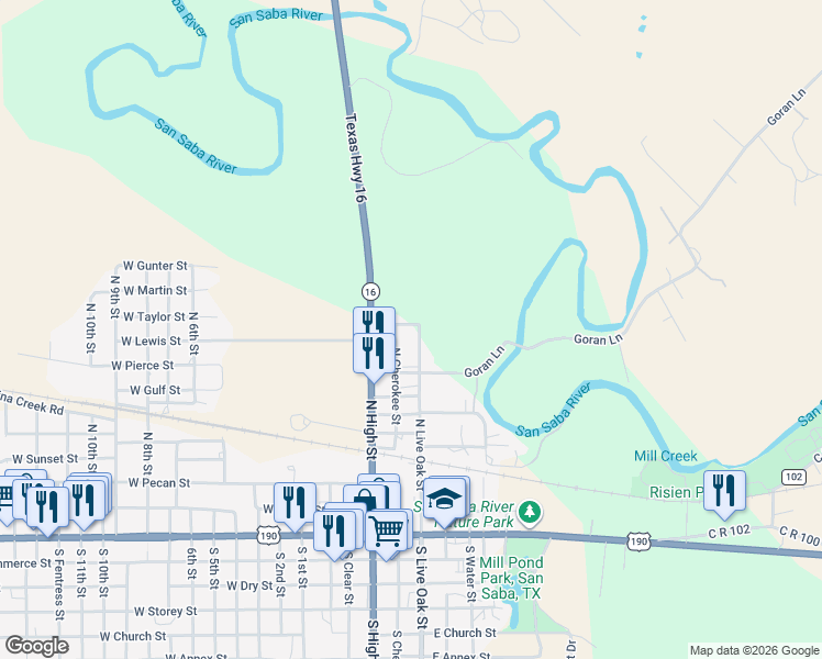 map of restaurants, bars, coffee shops, grocery stores, and more near 604 East 10th Street in San Saba