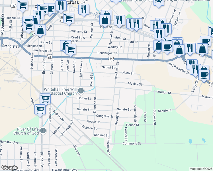 map of restaurants, bars, coffee shops, grocery stores, and more near 913 Marion Street in Waycross