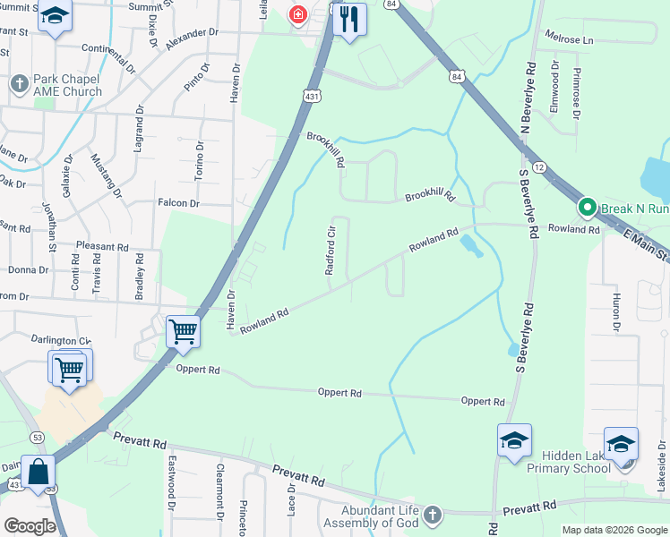 map of restaurants, bars, coffee shops, grocery stores, and more near 165 Radford Circle in Dothan