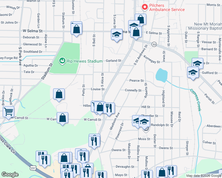 map of restaurants, bars, coffee shops, grocery stores, and more near 1583 South Oates Street in Dothan