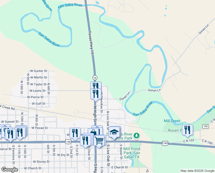 map of restaurants, bars, coffee shops, grocery stores, and more near 604 East 10th Street in San Saba