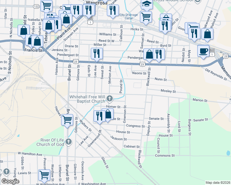 map of restaurants, bars, coffee shops, grocery stores, and more near 715 Marion Street in Waycross