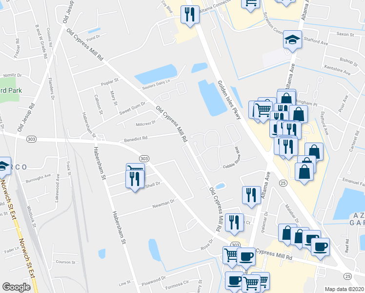 map of restaurants, bars, coffee shops, grocery stores, and more near 174 Winter Chase Lane in Brunswick