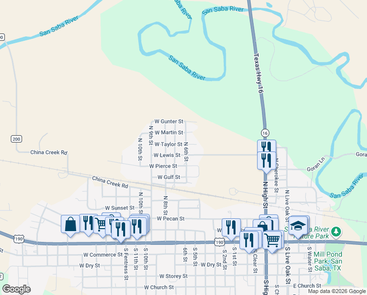 map of restaurants, bars, coffee shops, grocery stores, and more near 905 North 6th Street in San Saba