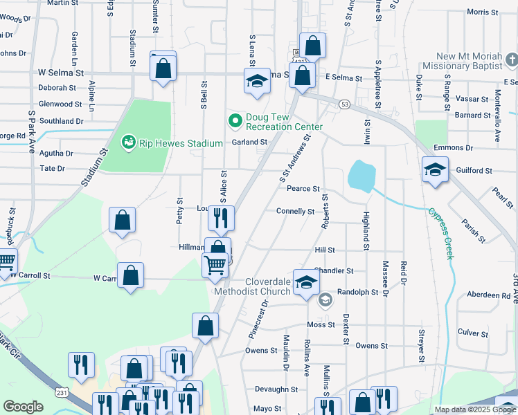 map of restaurants, bars, coffee shops, grocery stores, and more near 1675 South Saint Andrews Street in Dothan