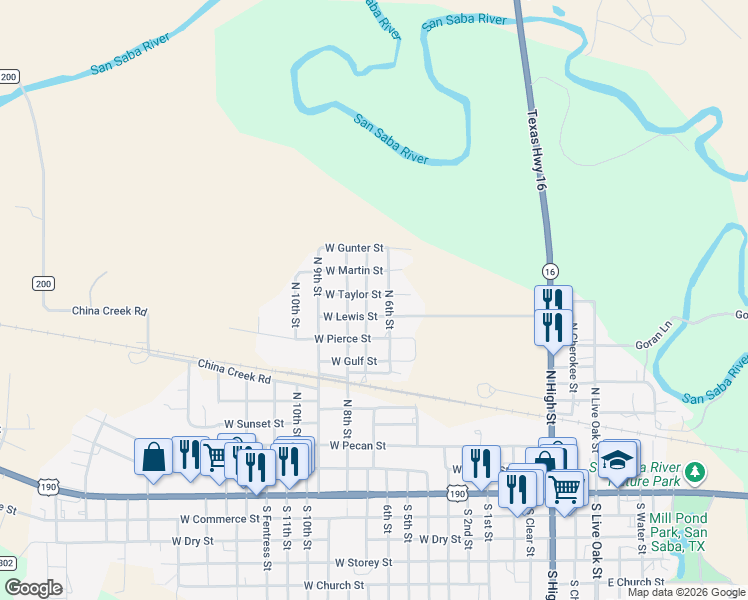 map of restaurants, bars, coffee shops, grocery stores, and more near 905 North 6th Street in San Saba