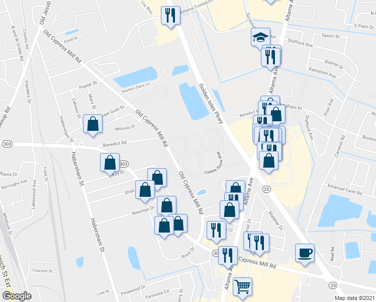 map of restaurants, bars, coffee shops, grocery stores, and more near 102 Dalton Cody Drive in Brunswick