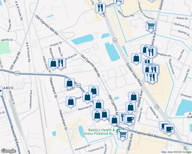 map of restaurants, bars, coffee shops, grocery stores, and more near 155 Winter Chase Lane in Brunswick